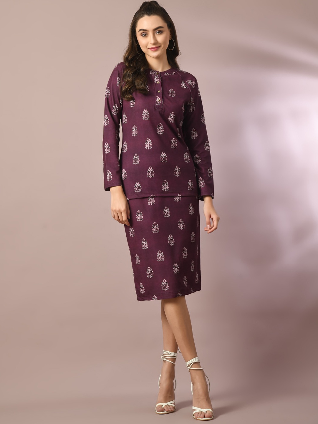 

Myshka Printed Round Neck Top With Skirt Co-Ords, Magenta