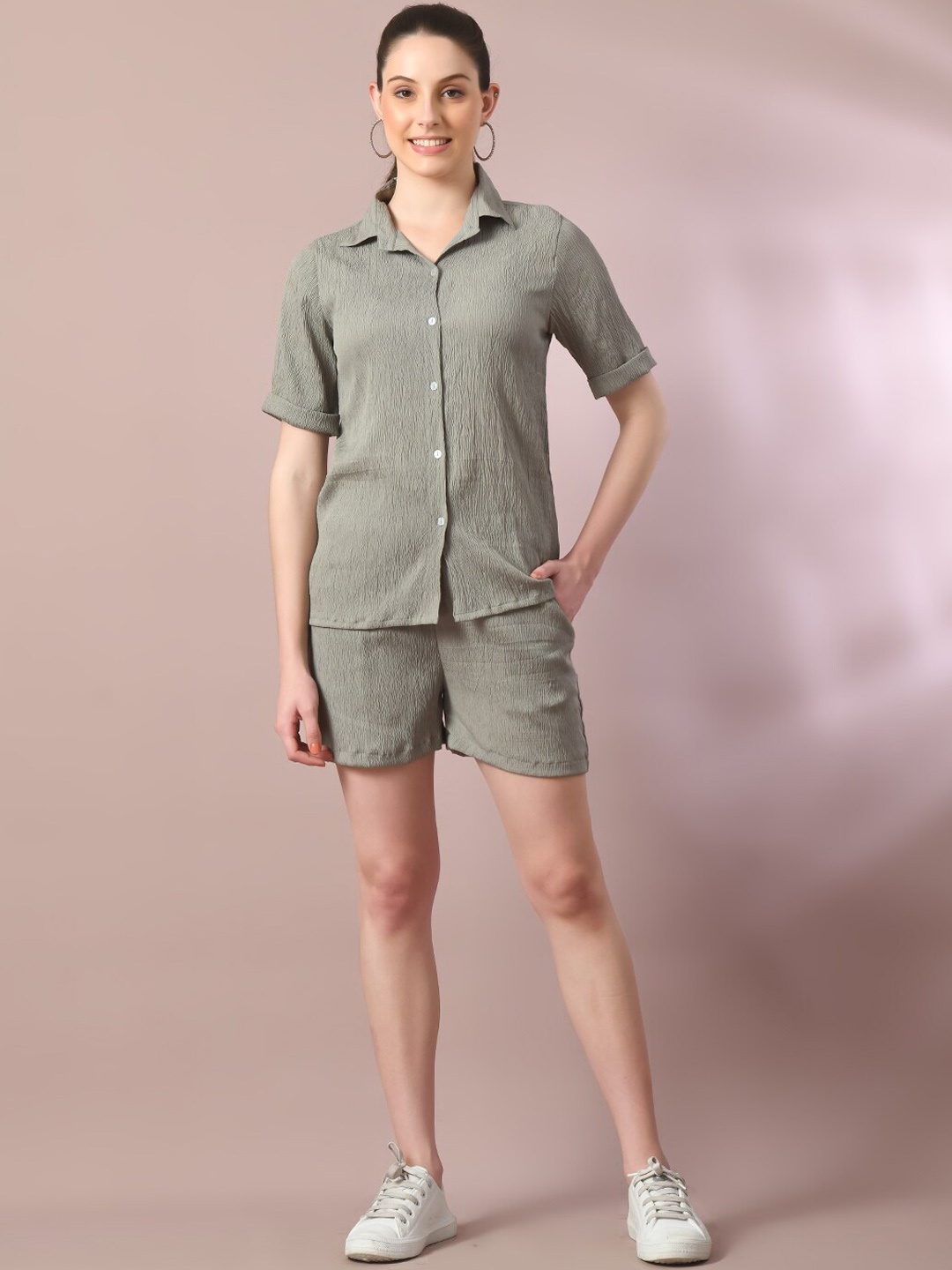 

Myshka Shirt Collar Short Sleeves Shirt & Shorts Co-Ords, Grey