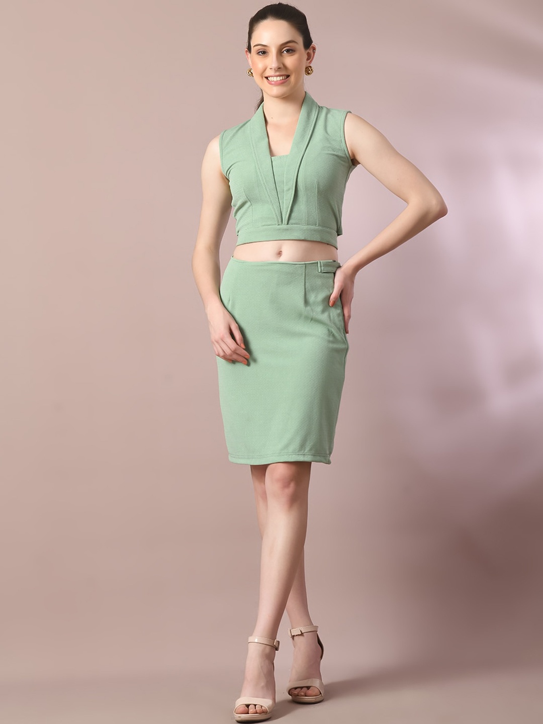 

Myshka Shawl Neck Crop Top With Skirt Co-Ords, Sea green