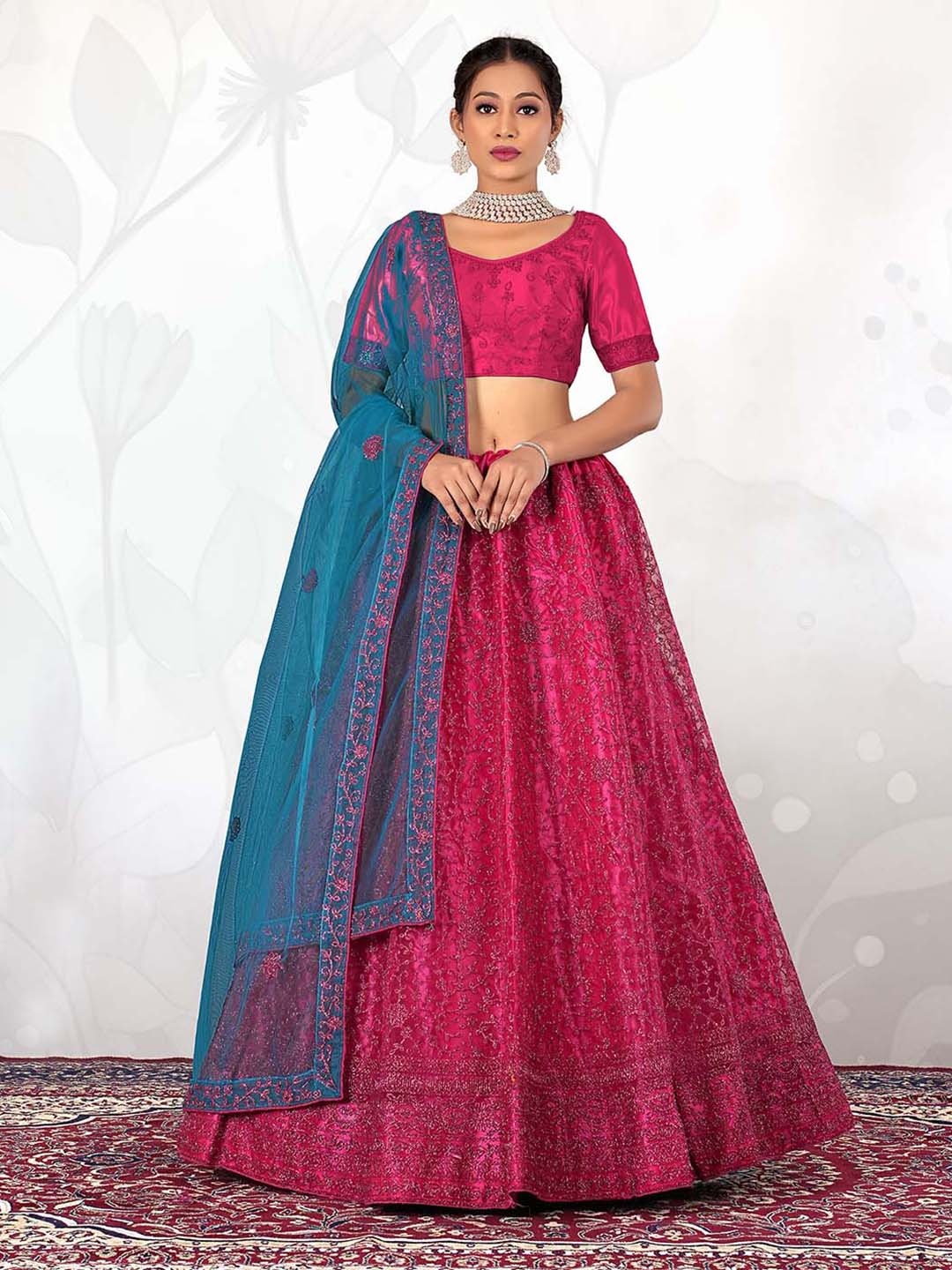 

HALFSAREE STUDIO Embroidered Semi-Stitched Lehenga & Unstitched Blouse With Dupatta, Pink
