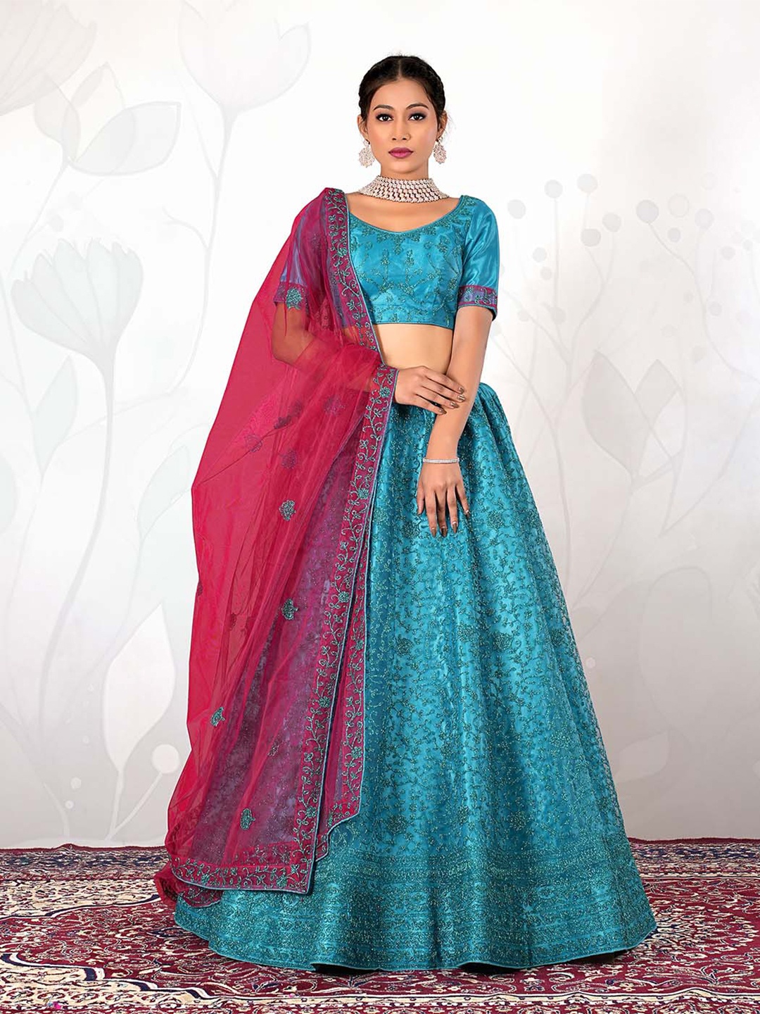 

HALFSAREE STUDIO Embellished Semi-Stitched Lehenga & Unstitched Blouse With Dupatta, Blue