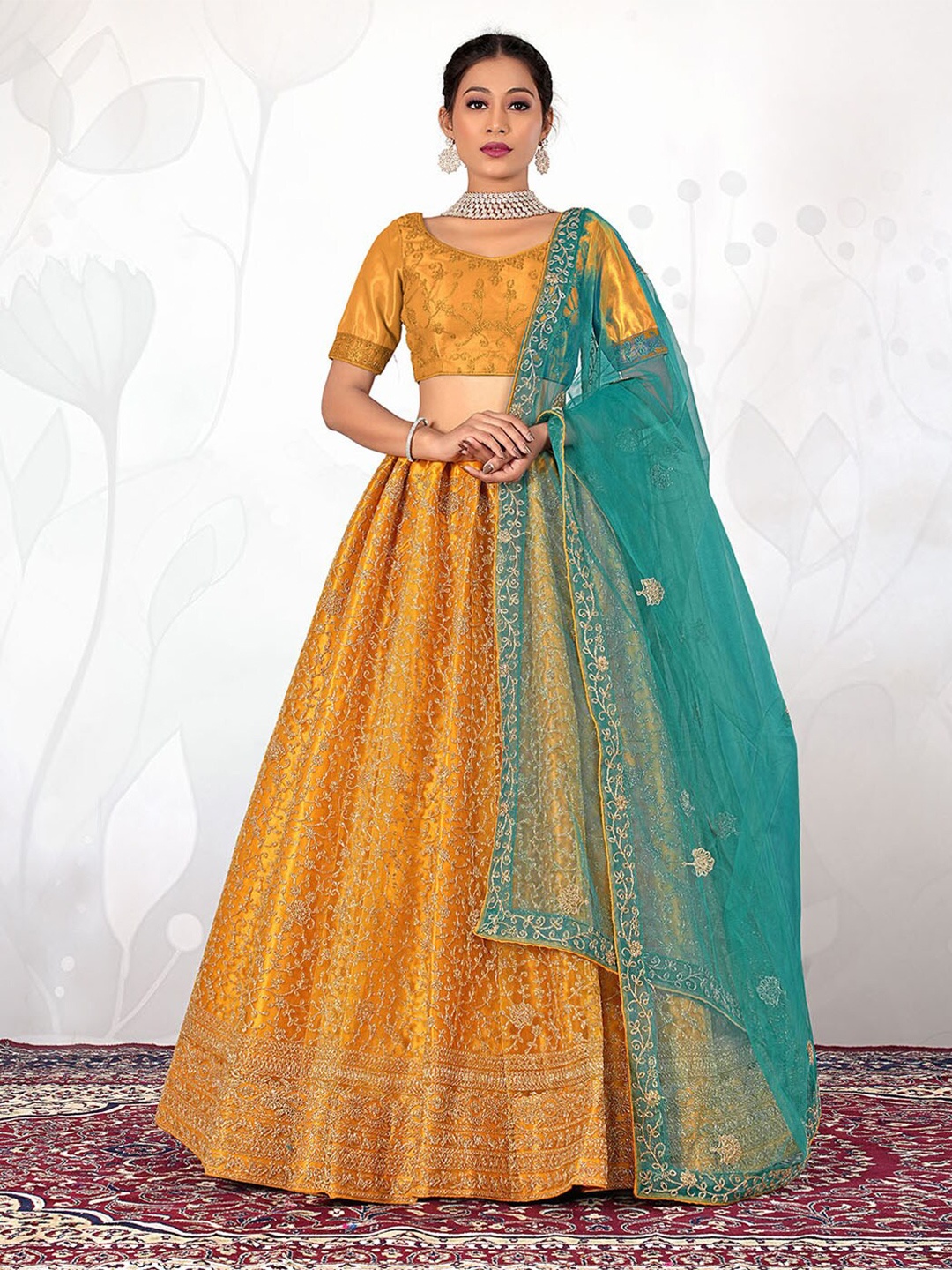 

HALFSAREE STUDIO Floral Embroidered Semi-Stitched Lehenga & Unstitched Blouse With Dupatta, Mustard