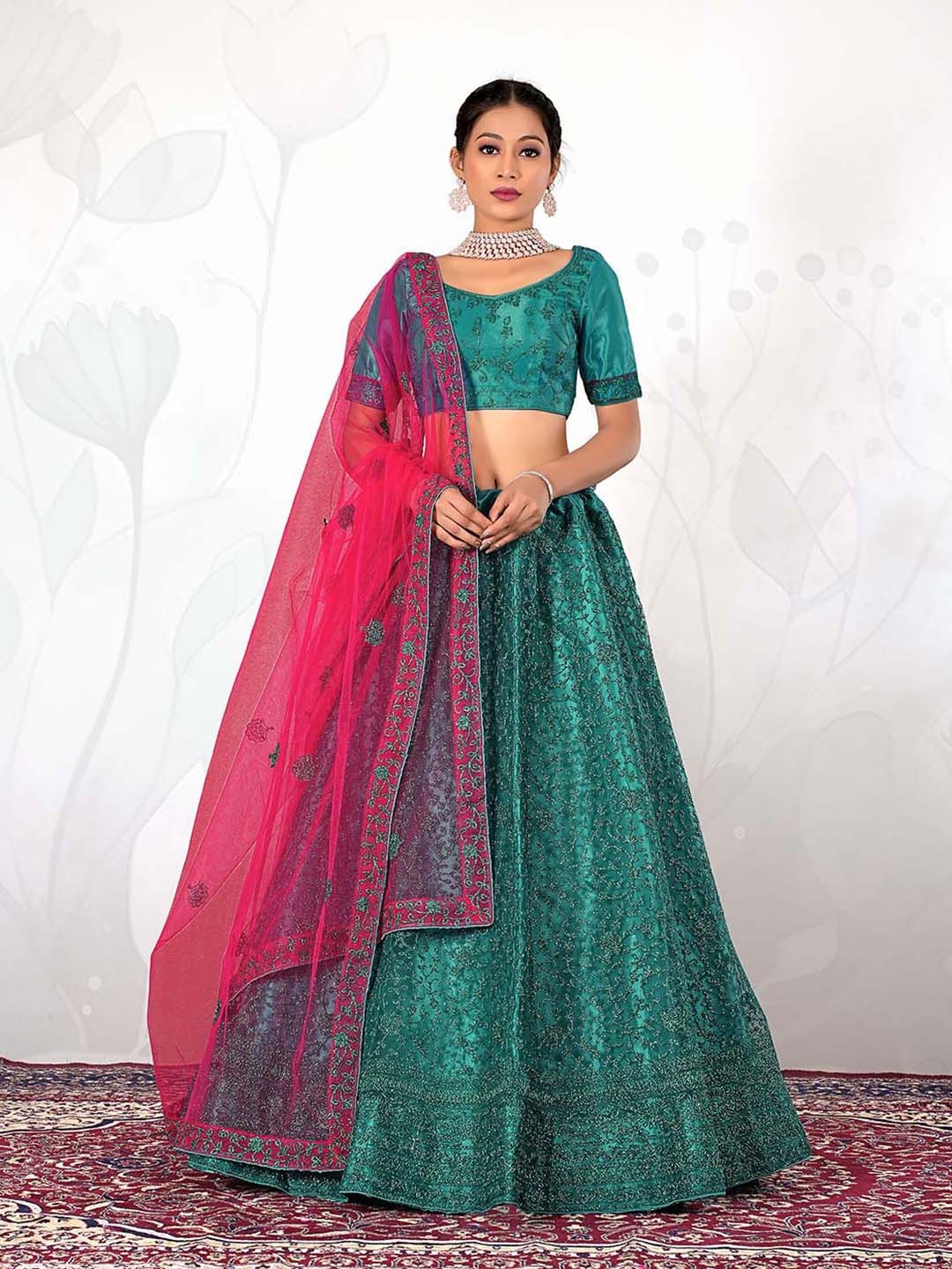 

HALFSAREE STUDIO Floral Embroidered Semi-Stitched Lehenga & Unstitched Blouse With Dupatta, Green