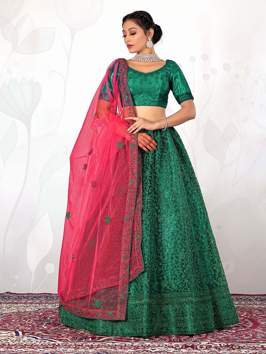 

HALFSAREE STUDIO Floral Embroidered Semi-Stitched Lehenga & Unstitched Blouse With Dupatta, Green