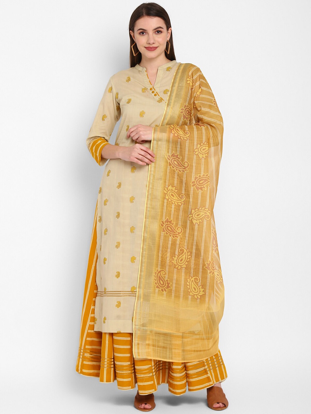 

STADO Paisley Printed Straight Kurta with Skirt & Dupatta, Beige