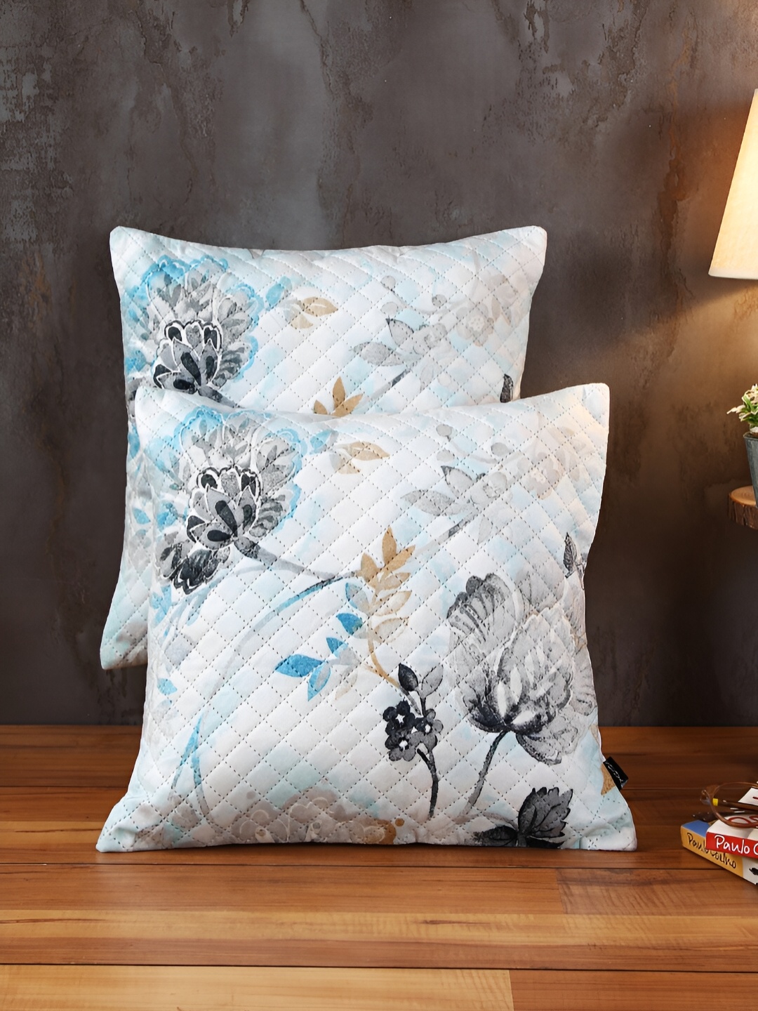 

Soumya Grey & Blue 2 Pcs Floral Square Cushion Covers
