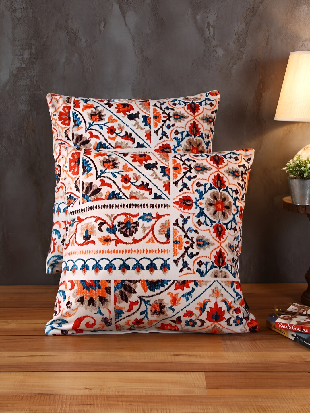 

Soumya White & Red 2 Pcs Floral Square Cushion Covers