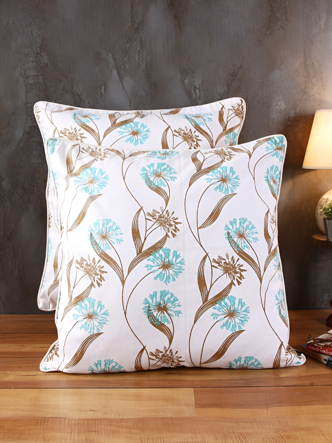 

Soumya White & Blue2 Pieces Floral Printed Cotton Square Cushion Covers