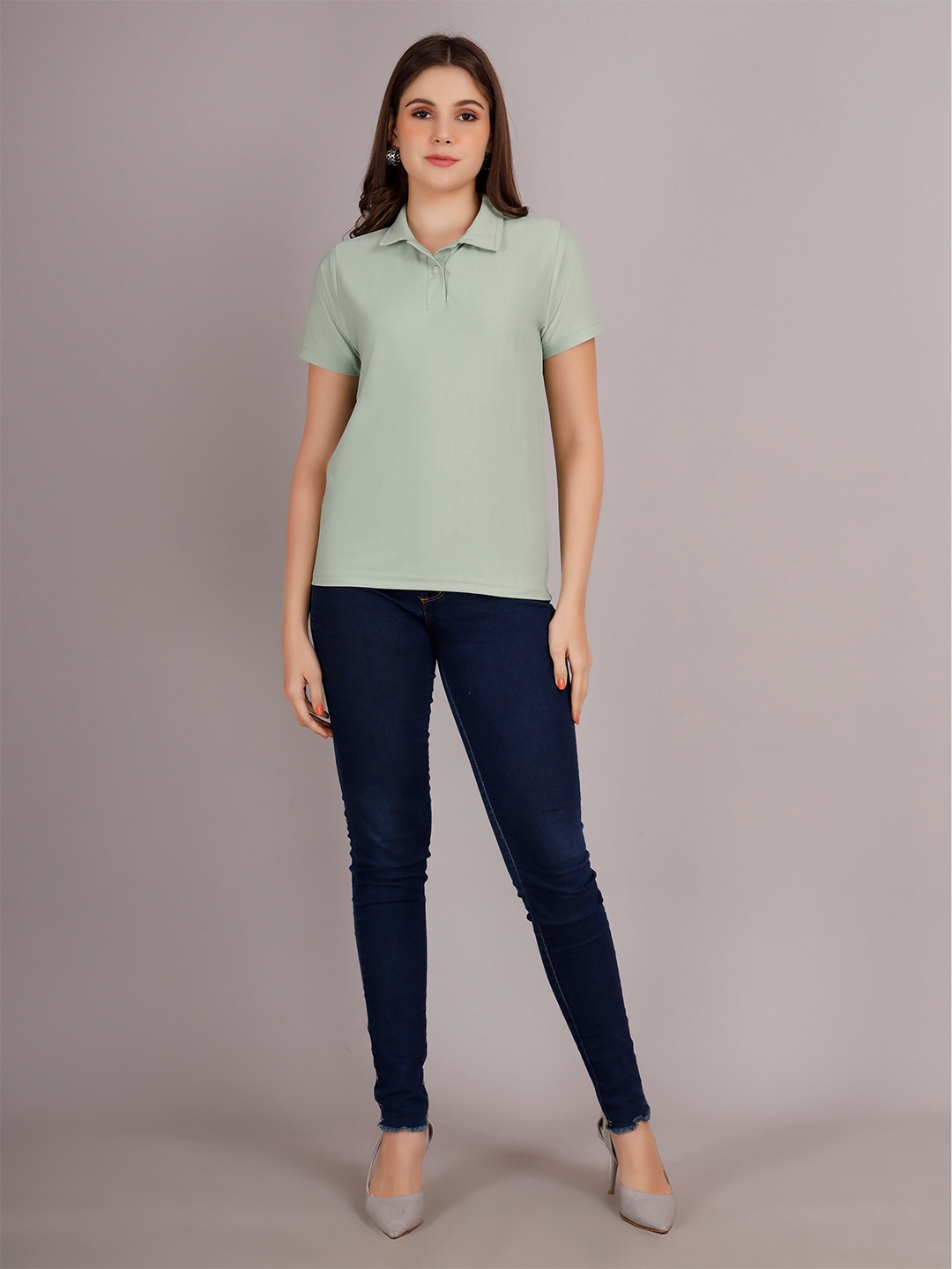 

VISO Women Polo Collar Pockets T-shirt, Sea green