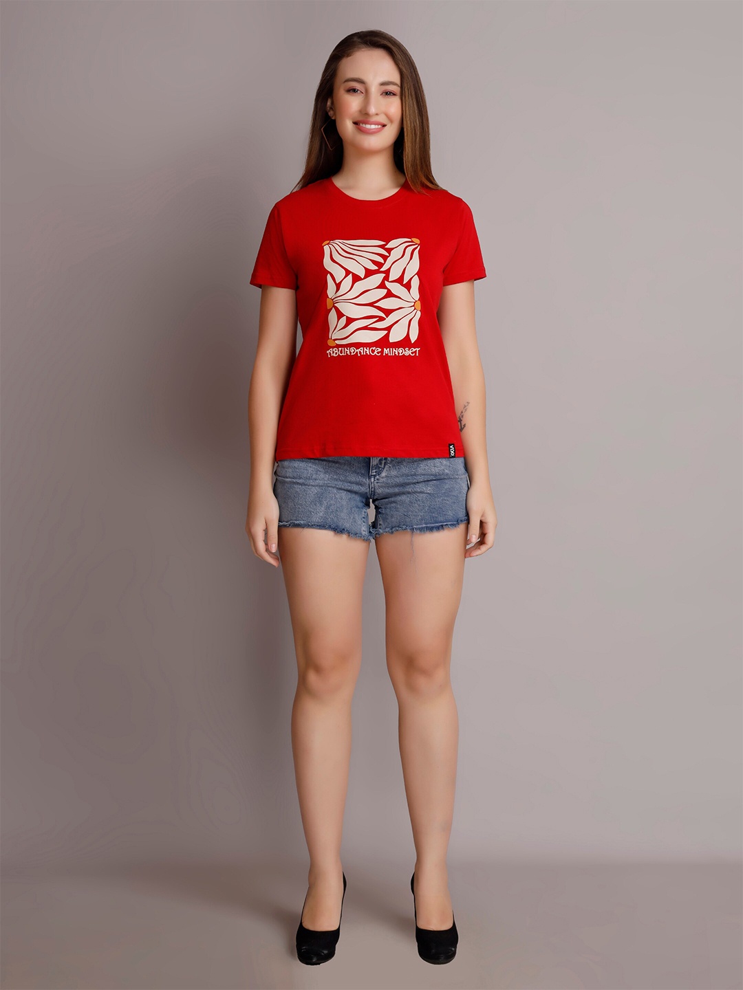 

VISO Women Typography Printed Extended Sleeves Applique T-shirt, Red