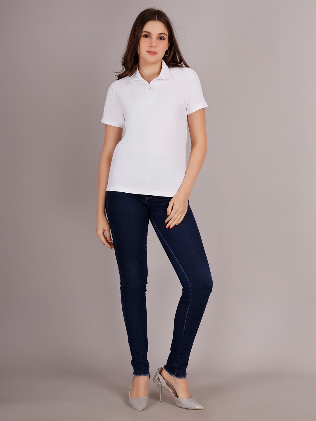 

VISO Women Polo Collar Pockets T-shirt, White