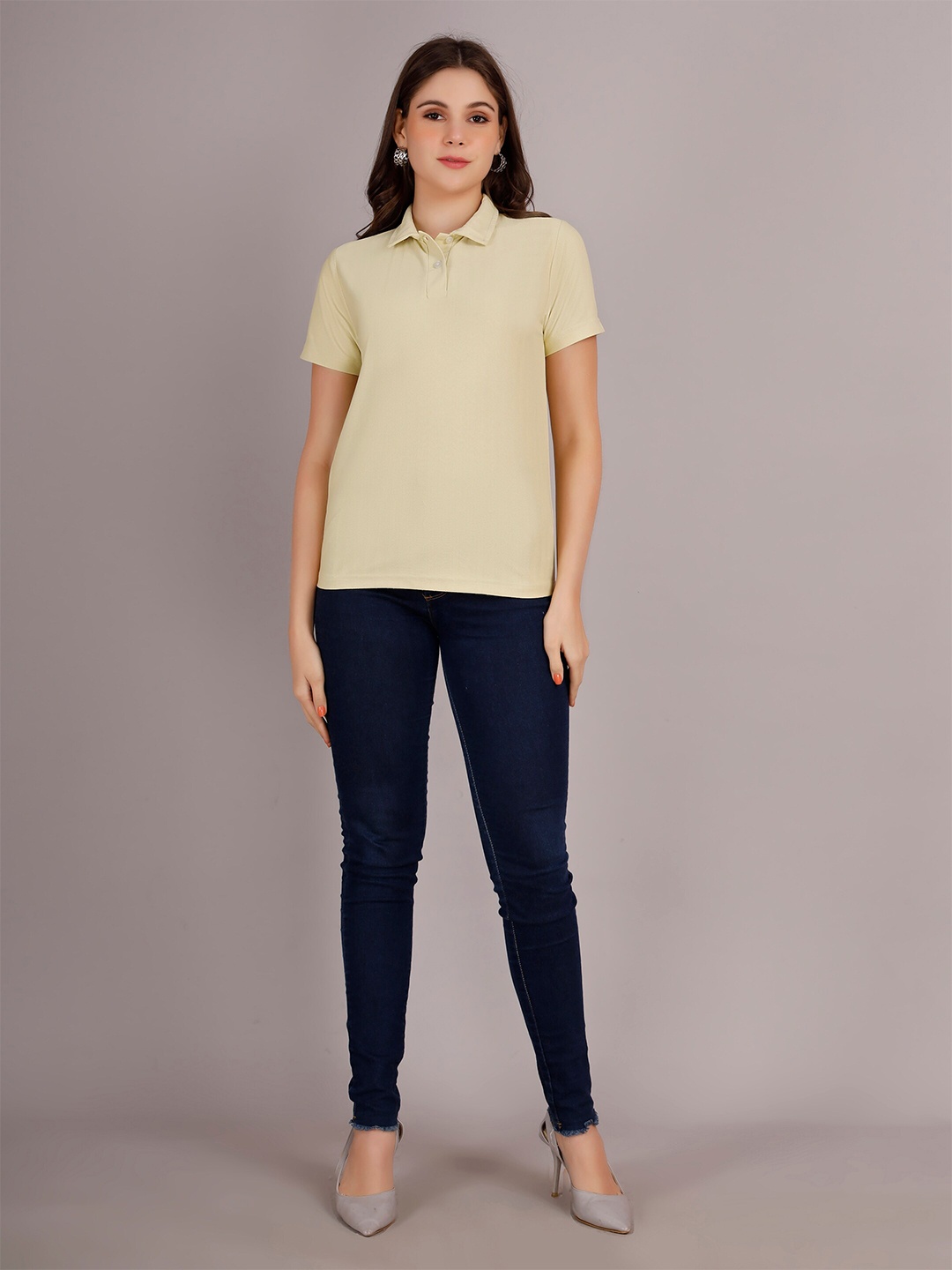 

VISO Women Polo Collar Pockets T-shirt, Cream