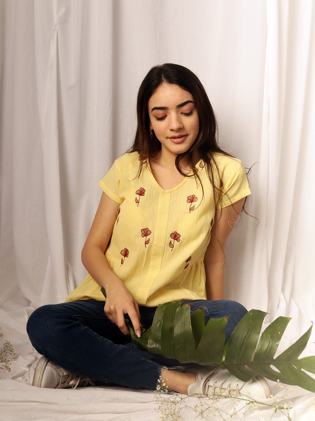 

SPARROW Floral Embroidered Flutter Sleeve Cotton Top, Yellow