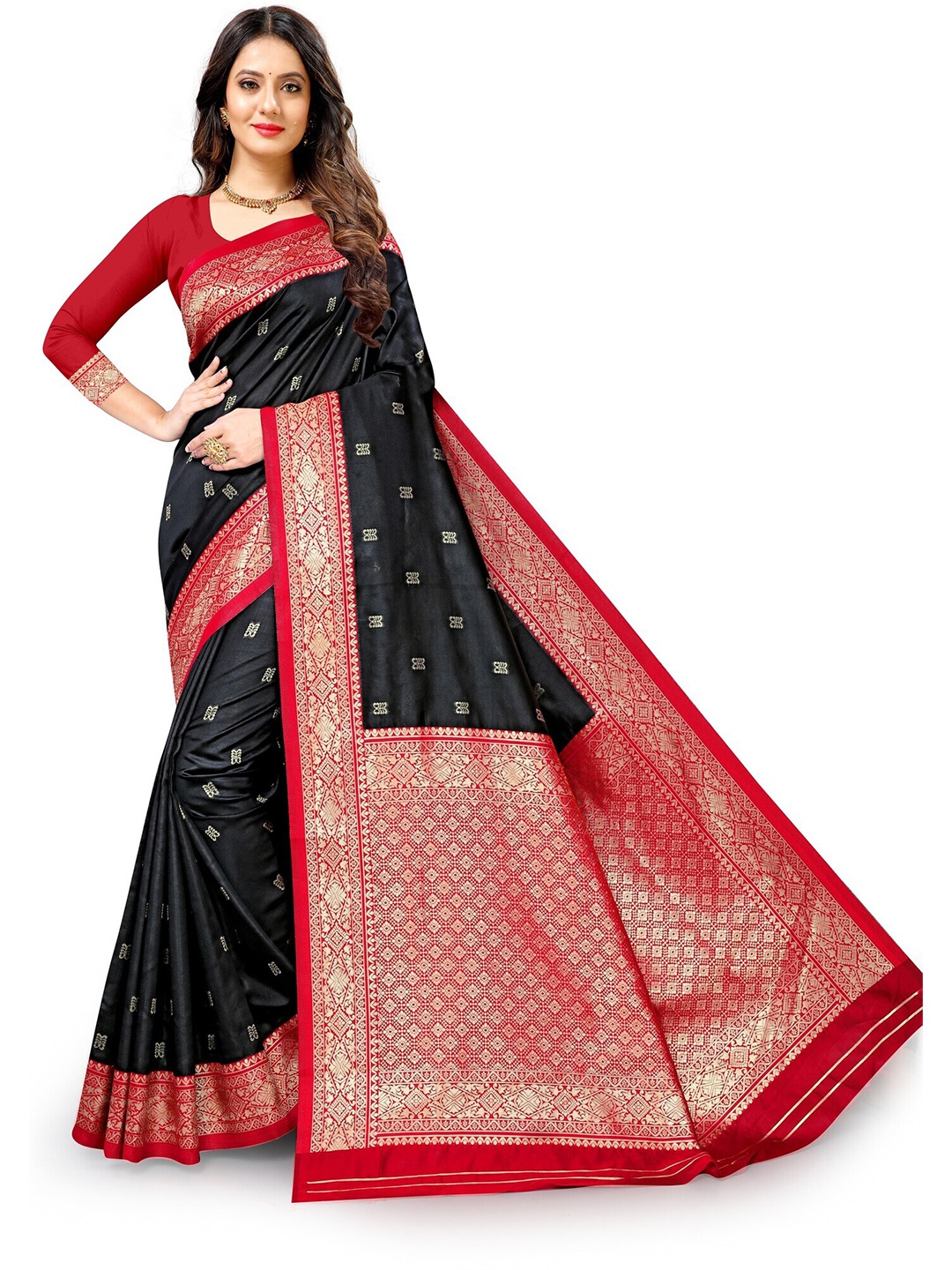 

Glorisa Ethnic Motif Woven Design Zari Pure Silk Kanjivaram Saree, Black