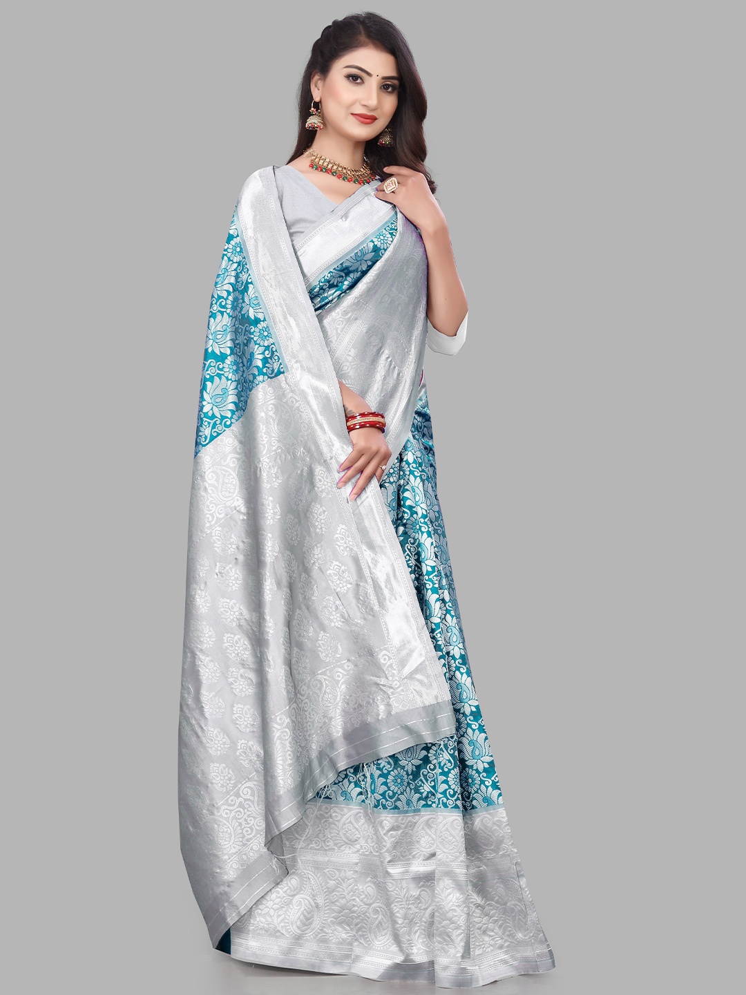 

Glorisa Ethnic Motifs Woven Design Zari Pure Silk Mysore Silk Saree, Blue