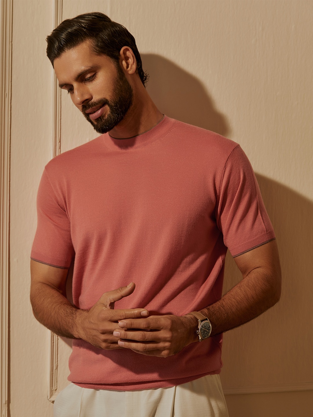 

Andamen Crew Neck Short Sleeves Merino Woollen Regular T-shirt, Pink