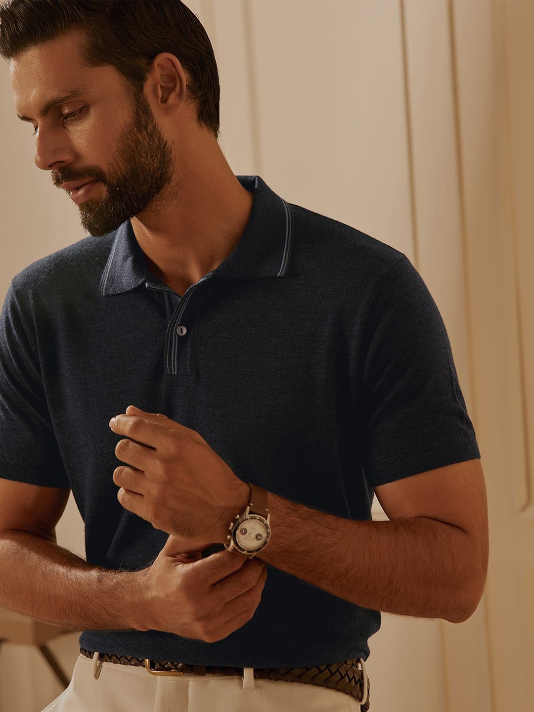

Andamen Polo Collar Short Sleeves Merino Woollen Regular T-shirt, Navy blue