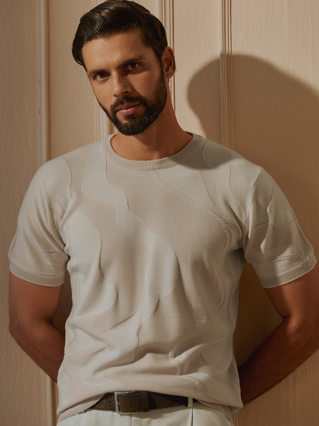 

Andamen Self Design Crew Neck Short Sleeves Merino Woollen Regular T-shirt, Beige