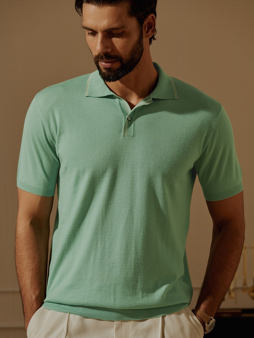 

Andamen Polo Collar Short Sleeves Merino Woollen Regular T-shirt, Green