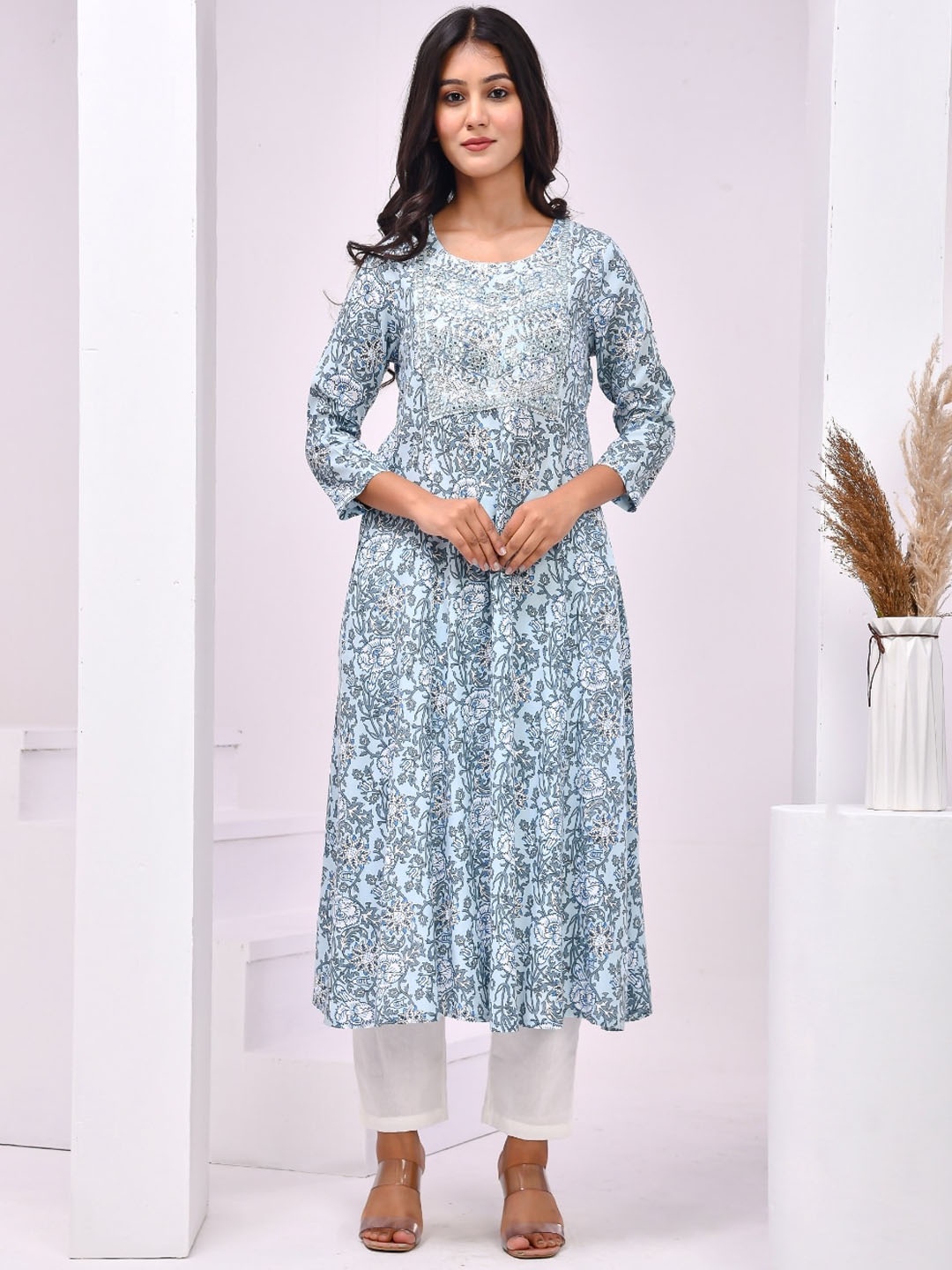 

Aspriya Floral Embroidered Round Neck Mirror Work A-Line Kurta with Trousers & Dupatta, Blue