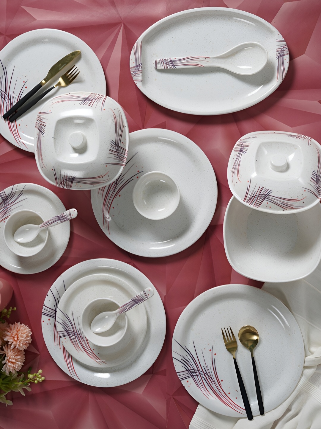 

CDI White & Pink 41 Pieces Printed Melamine Glossy Dinner Set