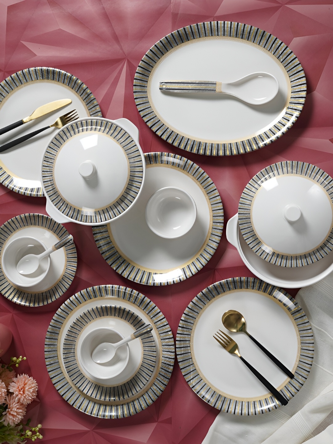 

CDI White & Beige 40 Pieces Printed Melamine Glossy Dinner Set