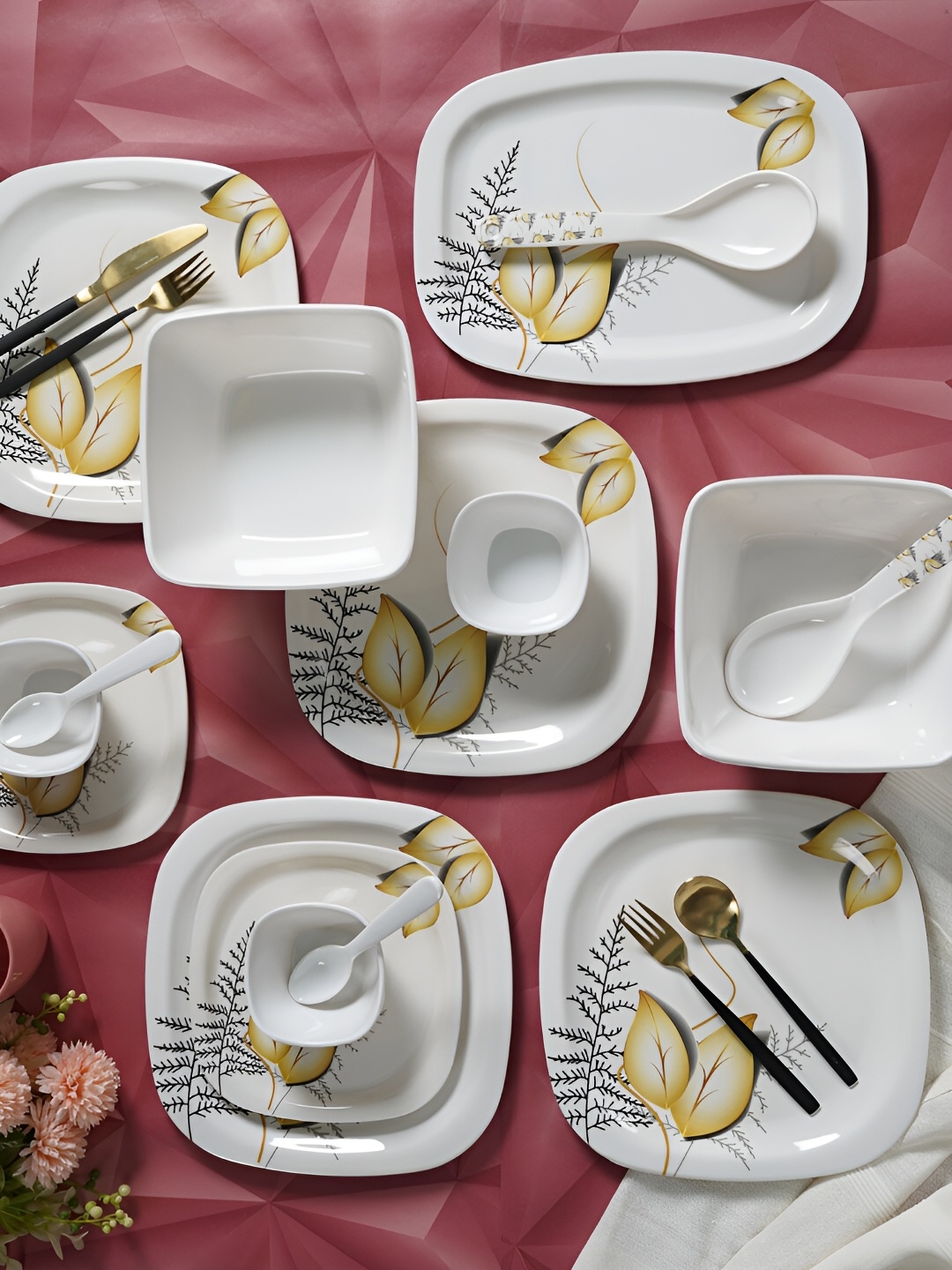 

CDI White & Yellow 37 Pieces Printed Melamine Glossy Dinner Set