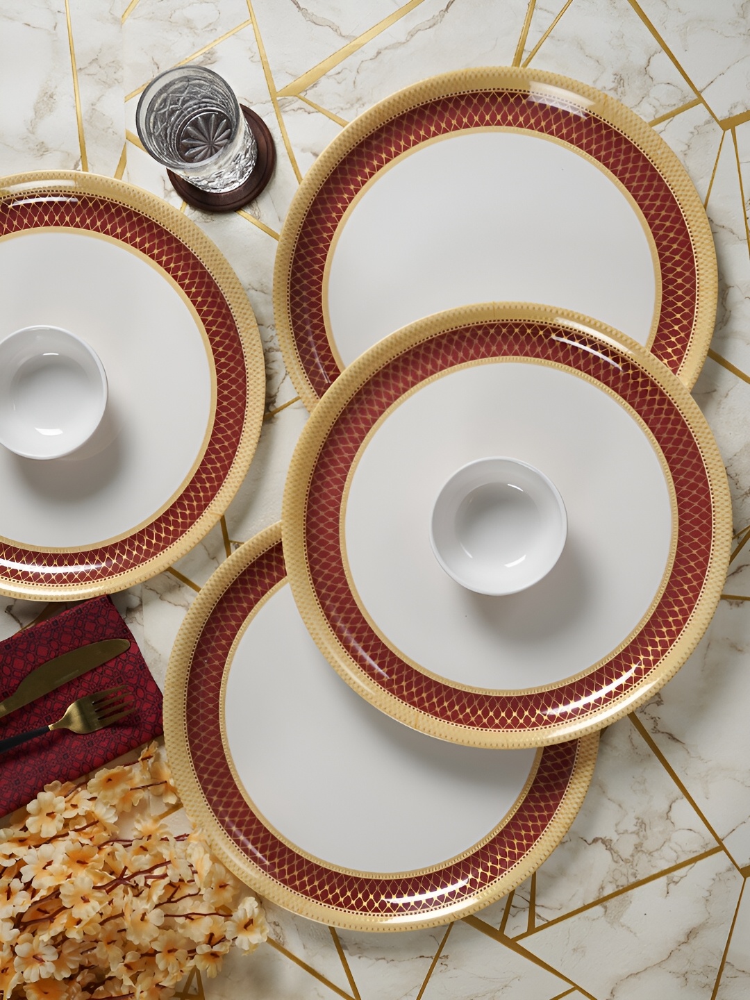 

CDI White & Red 12 Pieces Printed Melamine Glossy Dinner Set