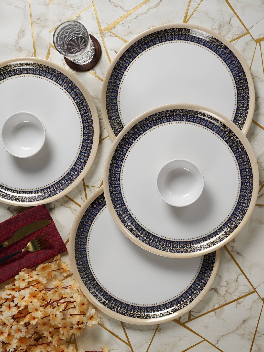 

CDI White & Navy Blue 12 Pieces Printed Melamine Glossy Dinner Set