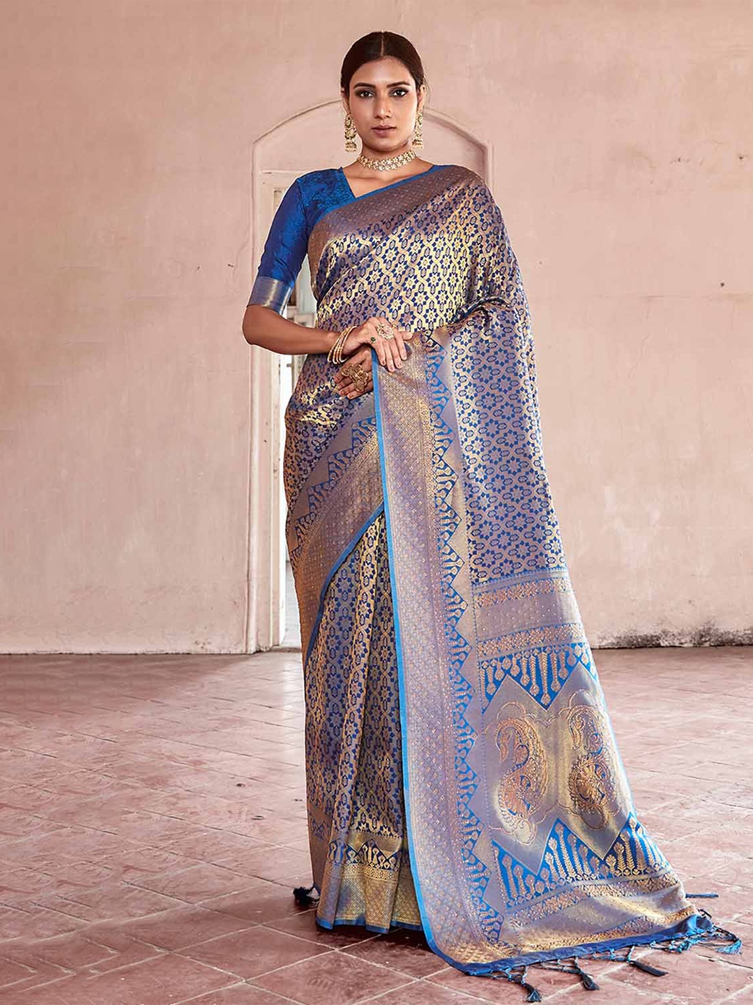 

DEVATITHI Ethnic Motifs Zari Kanjeevaram Saree, Blue