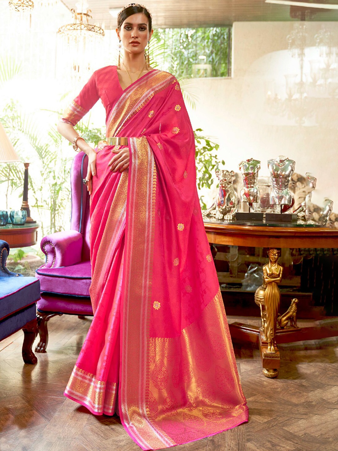 

DEVATITHI Woven Design Zari Kanjeevaram Saree, Pink