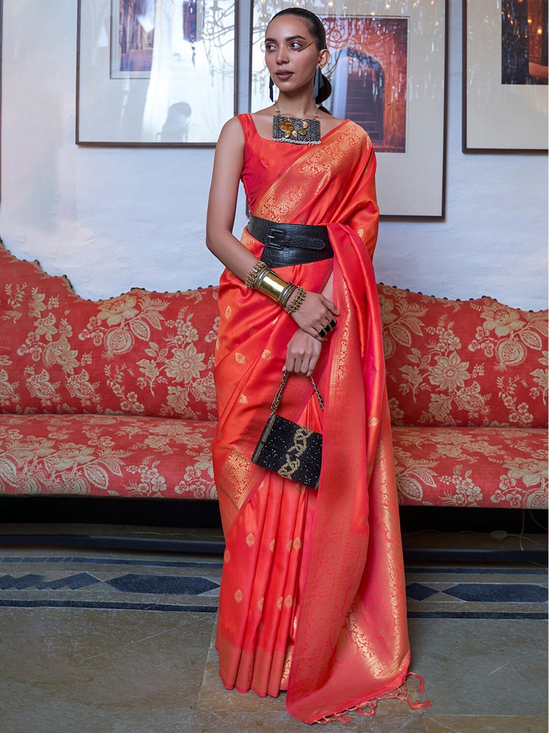 

DEVATITHI Ethnic Motifs Woven Design Zari Banarasi Saree, Orange