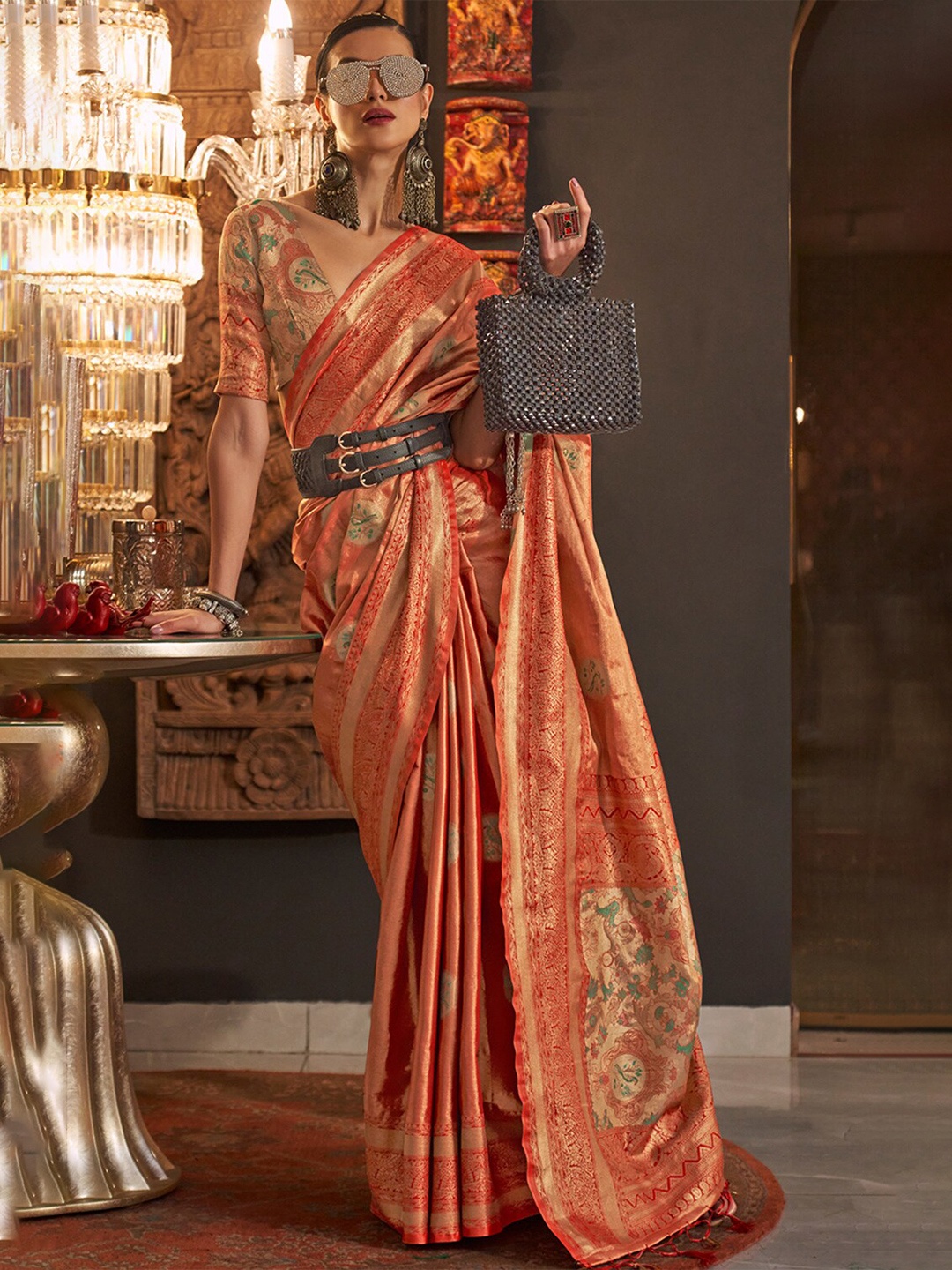 

DEVATITHI Ethnic Motifs Woven Design Zari Kanjeevaram Saree, Orange