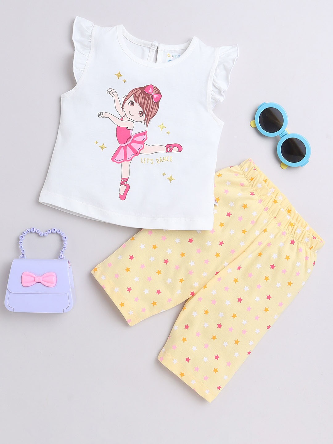 

BUMZEE Infant Girls Printed Pure Cotton Night suit, Off white