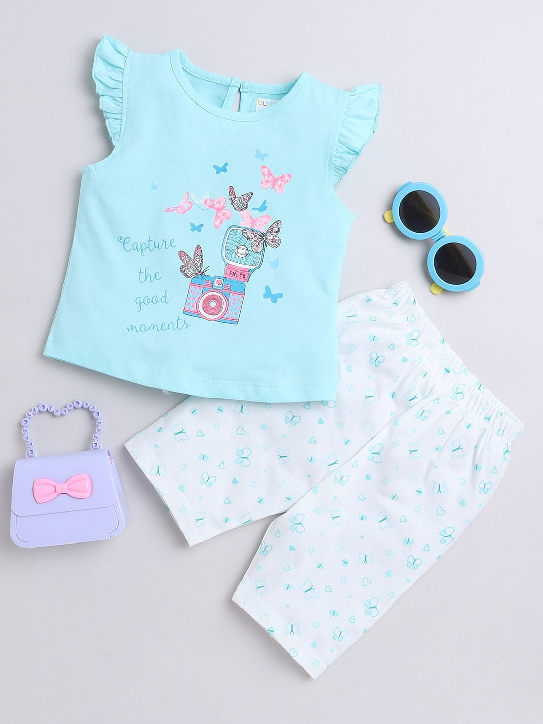 

BUMZEE Infant Girls Printed Pure Cotton Night suit, Turquoise blue