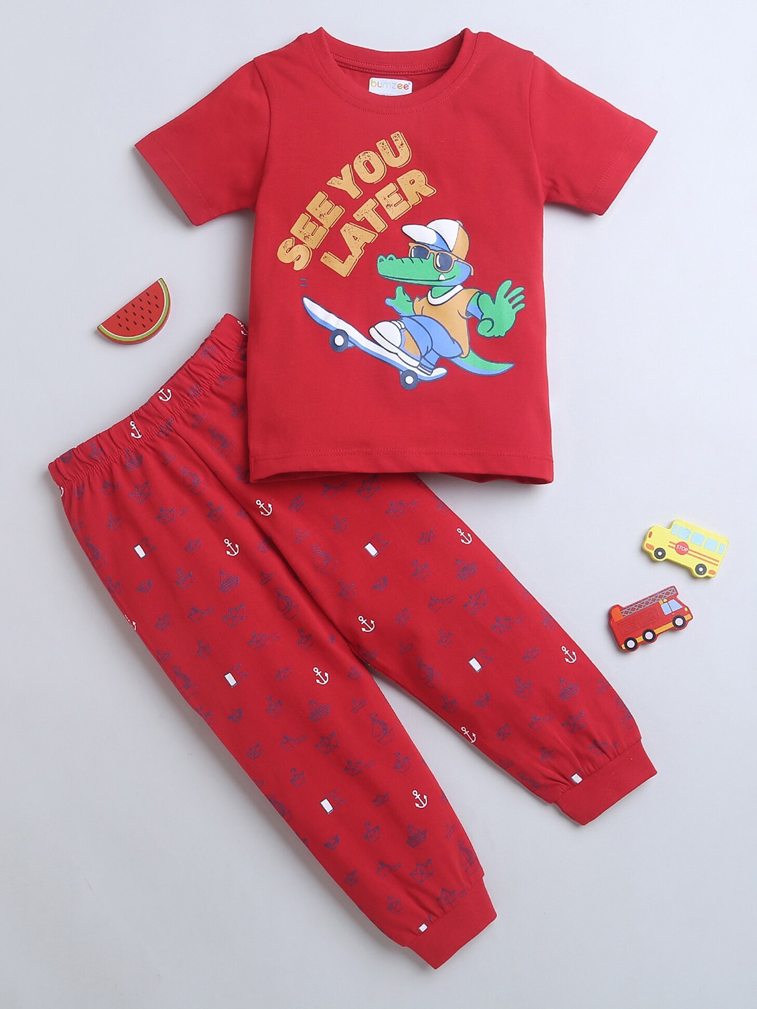 

BUMZEE Infant Boys Printed Pure Cotton Night suit, Red