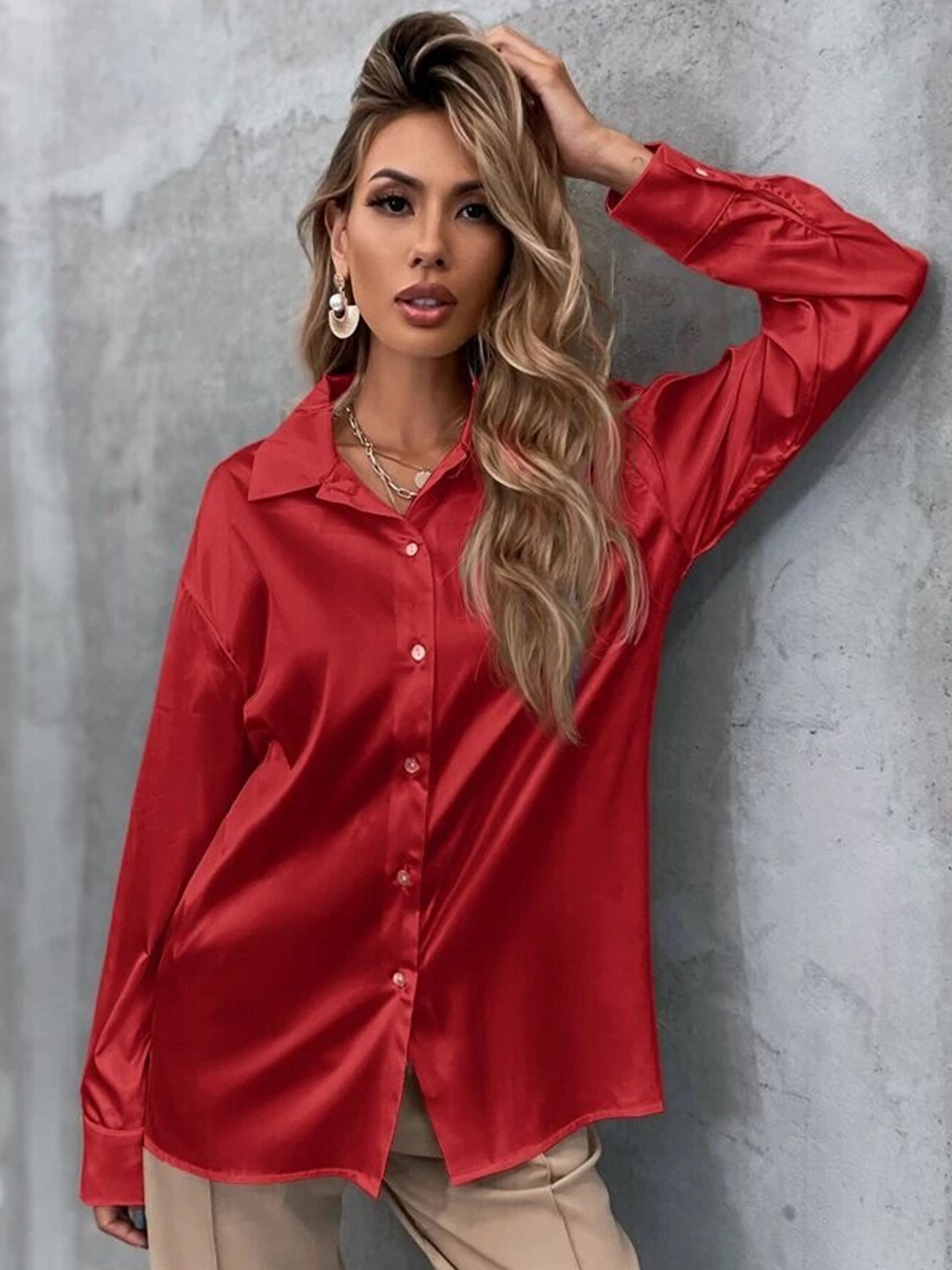 

Popwings Women Relaxed Opaque Casual Shirt, Red