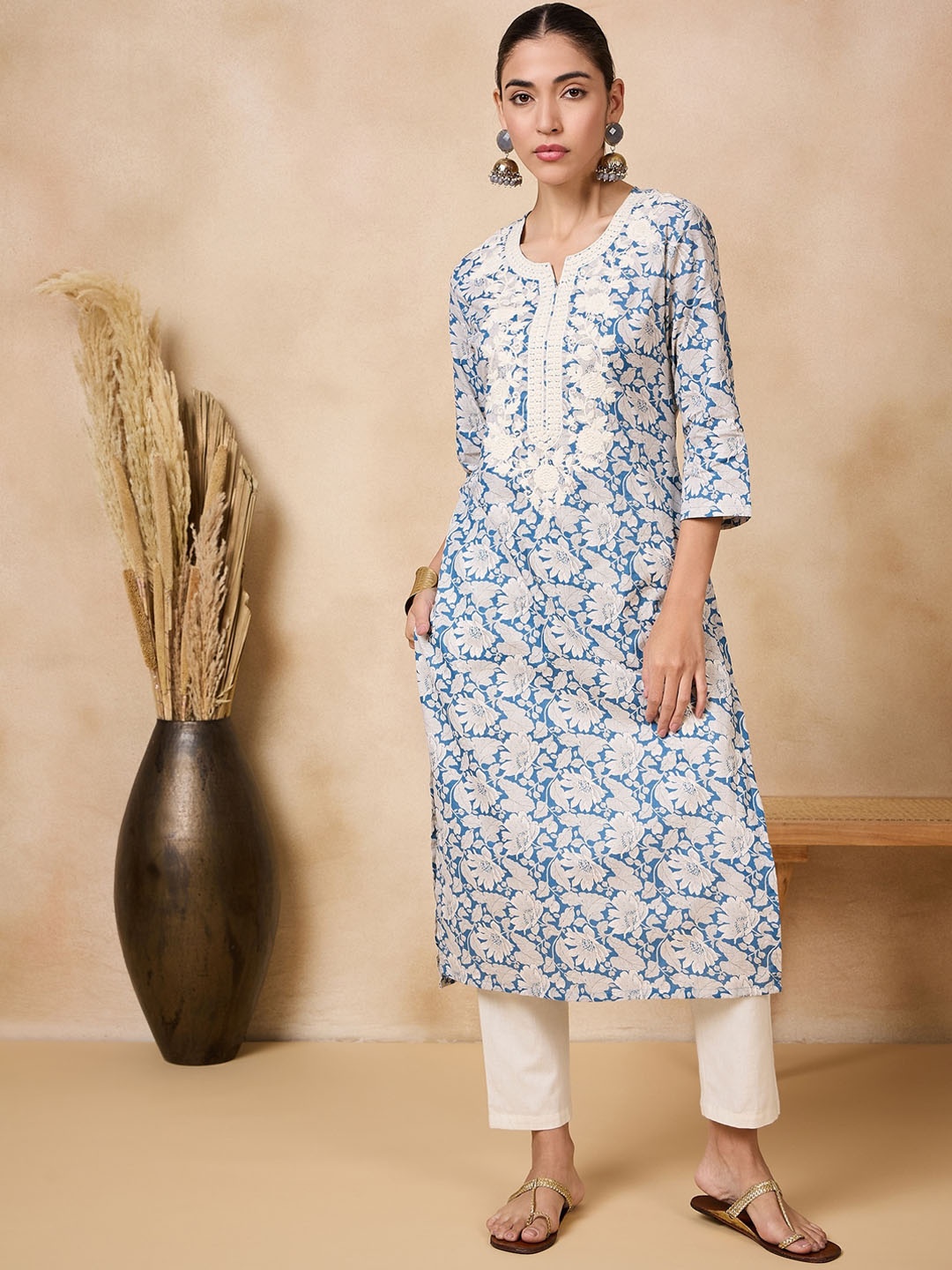 Anouk Women Floral Printed Flared Sleeves Thread Work Kurta, Blue