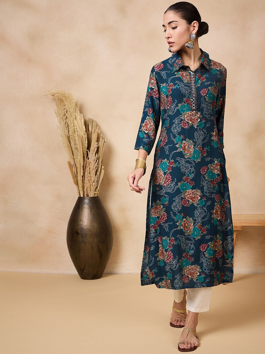 Anouk Women Floral Printed Flared Sleeves Thread Work Kurta, Teal