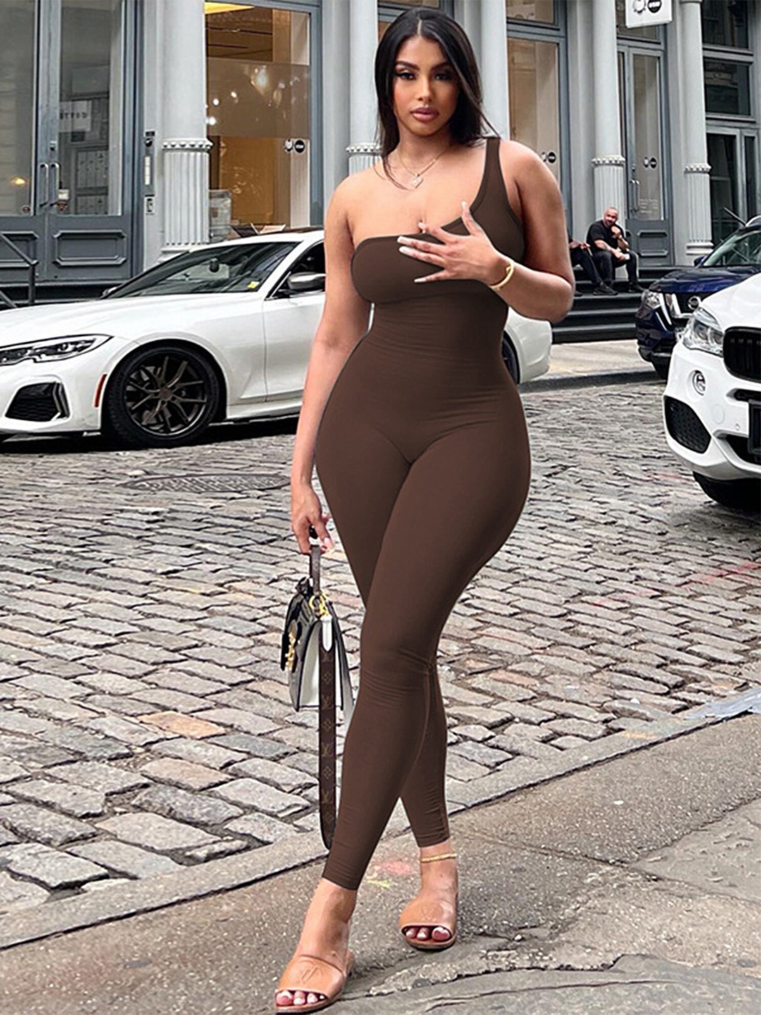 

LULU & SKY P One Shoulder Basic Jumpsuit, Brown