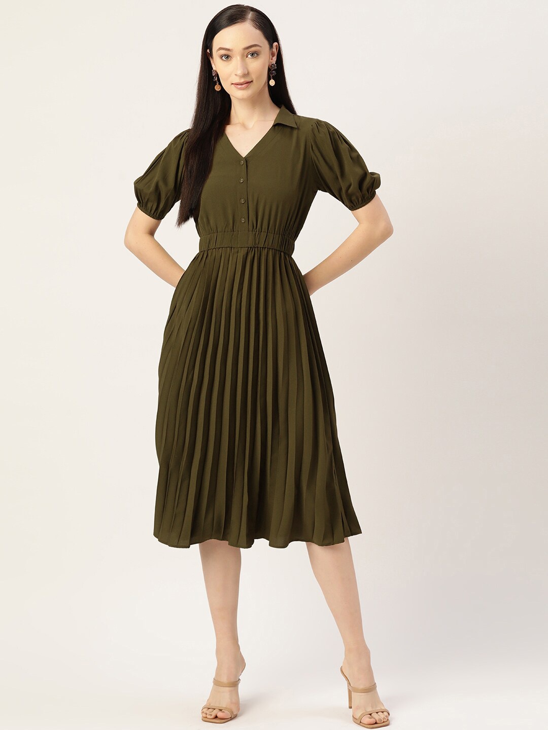 

Slenor Puff Sleeve Crepe Fit & Flare Dress, Olive