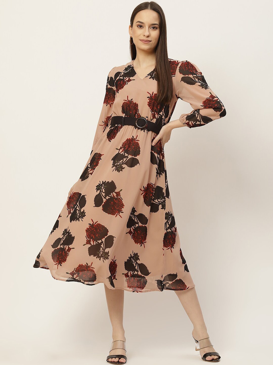 

Slenor Floral Print Puff Sleeve Georgette Fit & Flare Midi Dress, Peach
