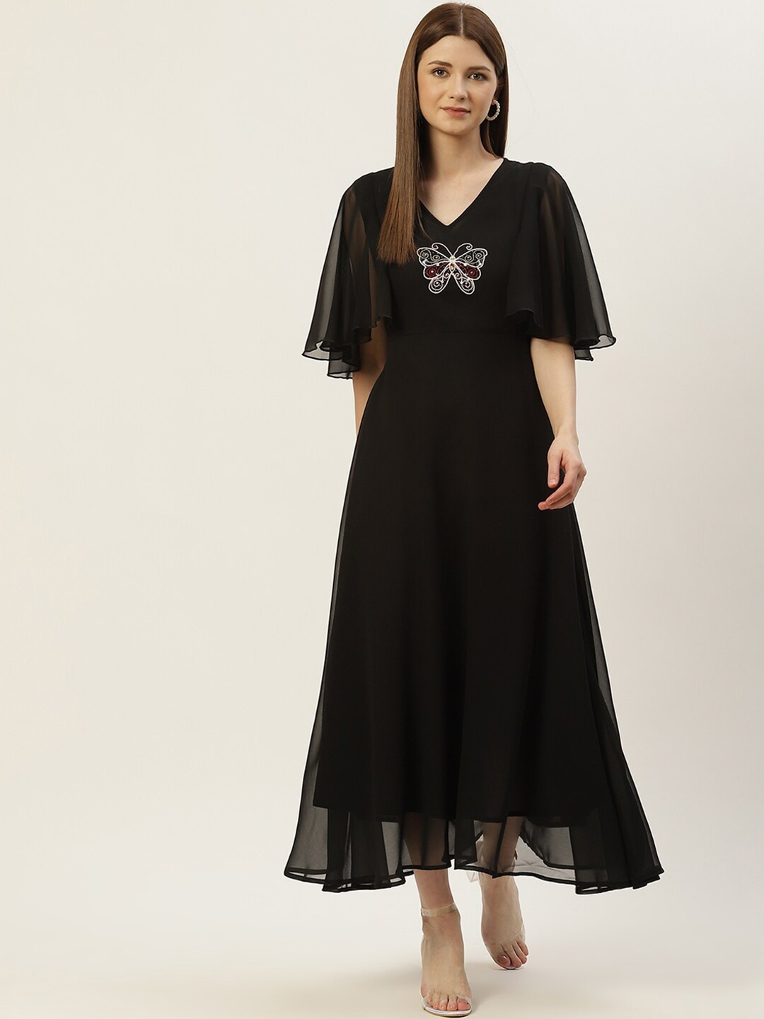 

Slenor Flared Sleeve Georgette Maxi Dress, Black
