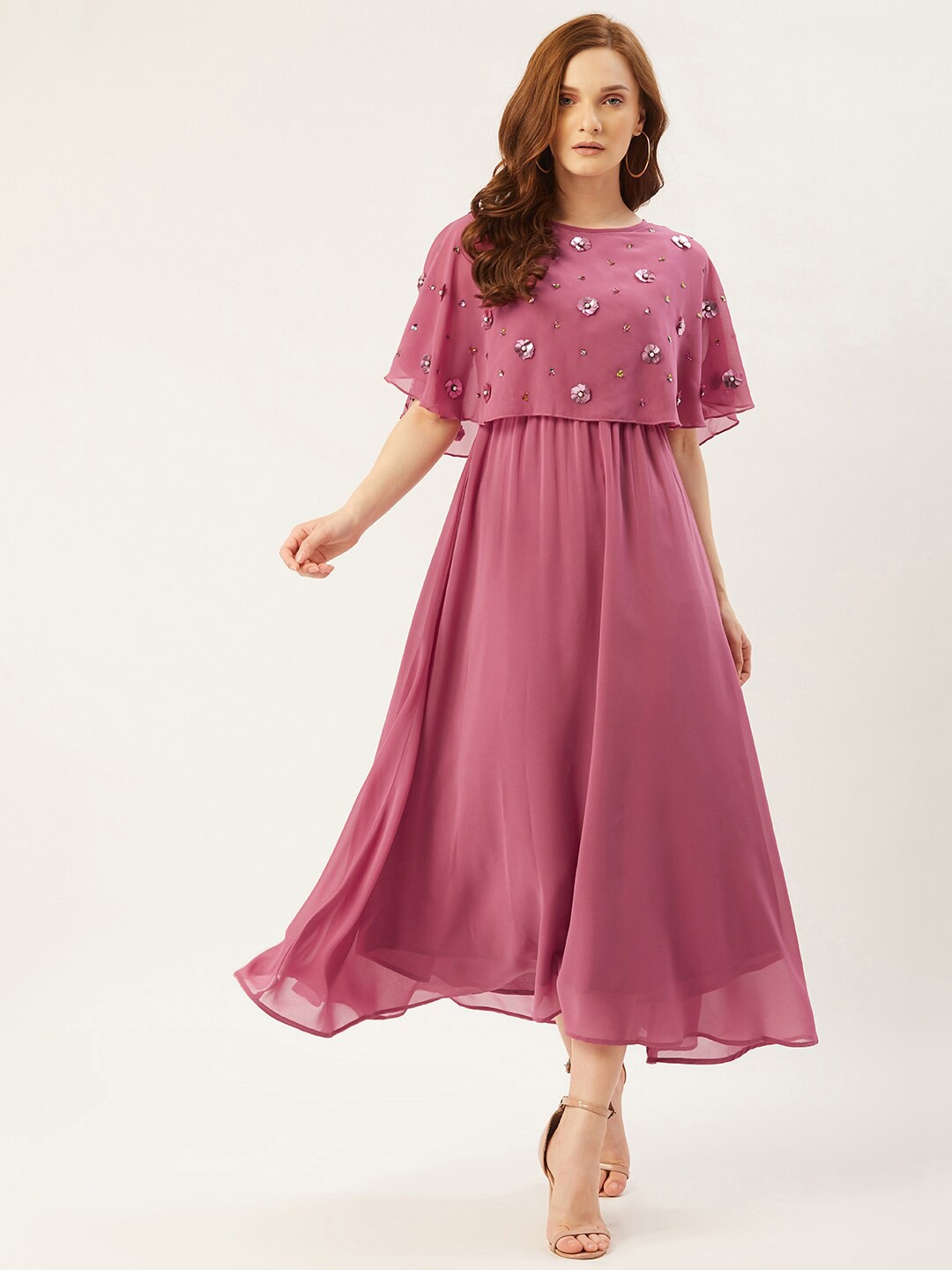 

Slenor Floral Cape Sleeve Georgette Maxi Dress, Mauve