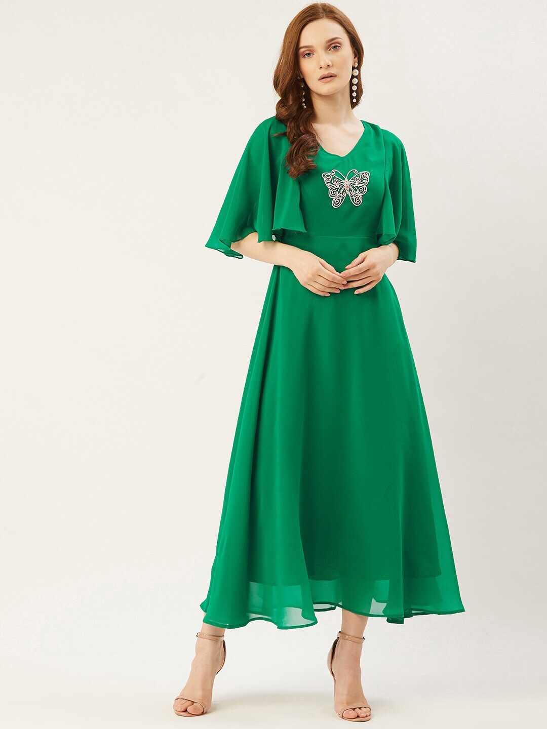 

Slenor Embellished Cape Sleeve Georgette Maxi Dress, Green
