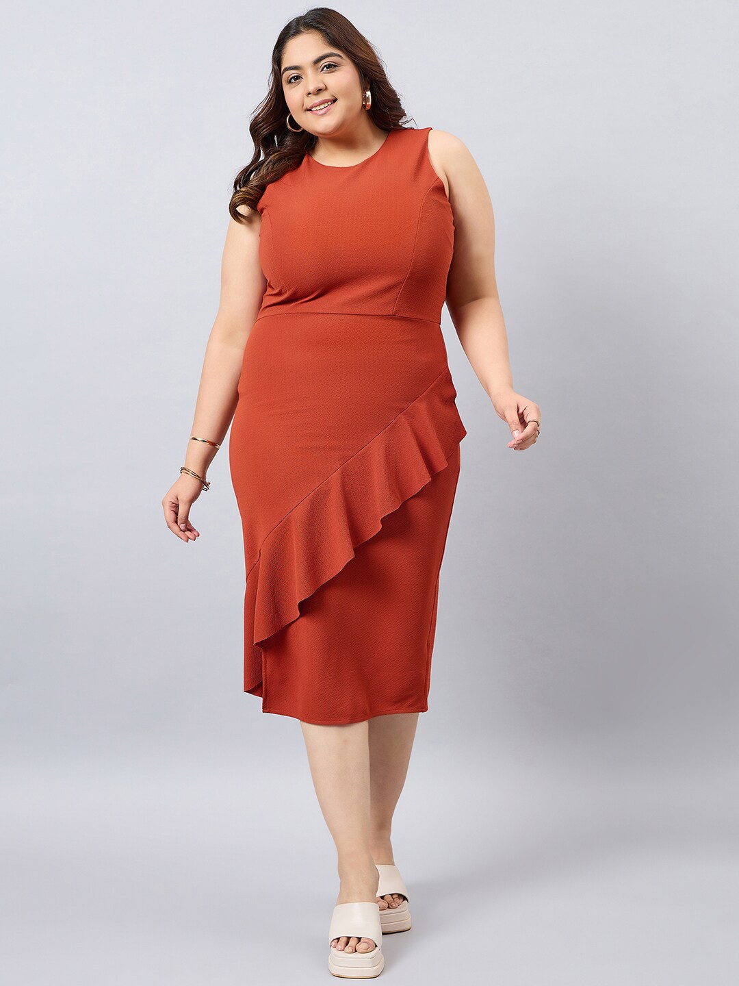 

Orchid Blues Plus Size Round Neck Sleeveless Ruffled Bodycon Midi Dress, Rust