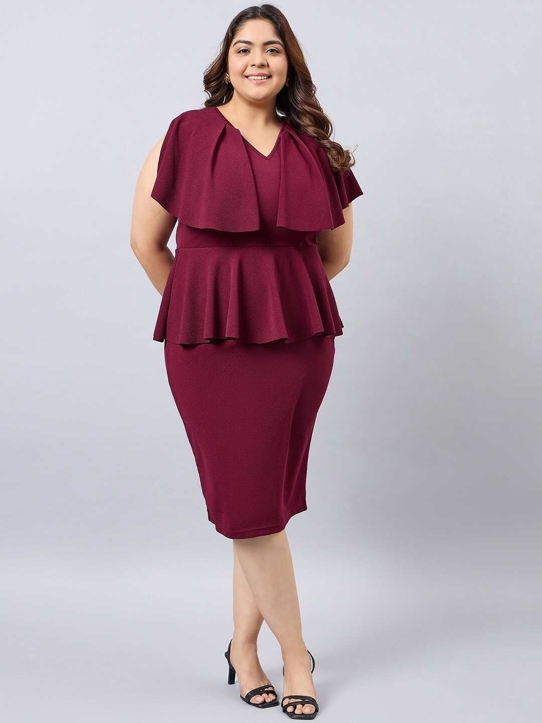

Orchid Blues Plus Size V-Neck Sleeveless Ruffled Peplum Dress, Burgundy