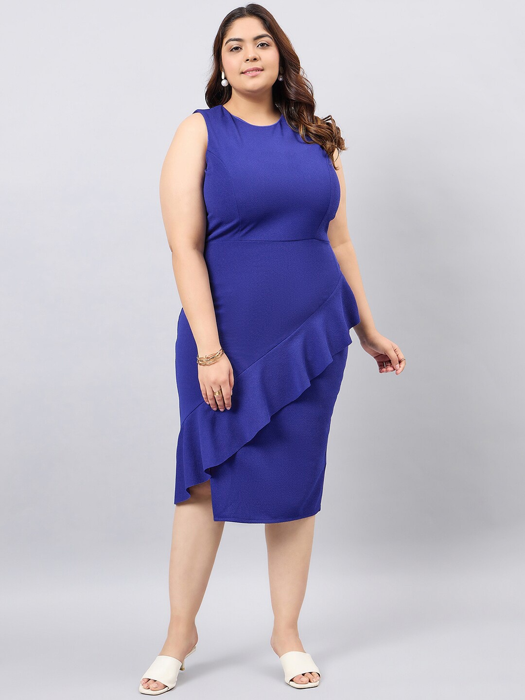 

Orchid Blues Plus Size Round Neck Sleeveless Ruffled Bodycon Midi Dress, Blue