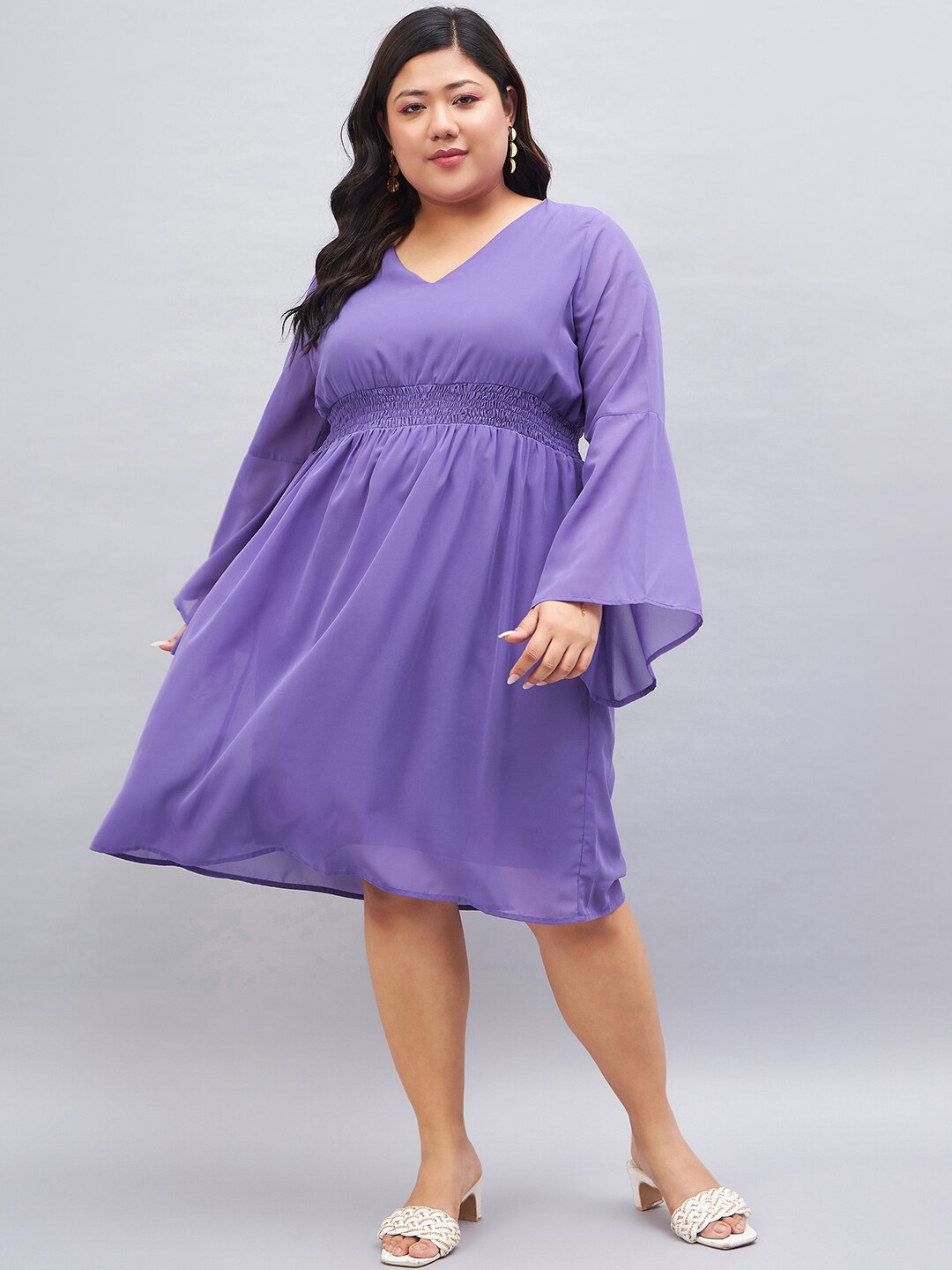 

Orchid Blues Plus Size V-Neck Bell Sleeve Smocked Georgette Fit & Flare Dress, Purple