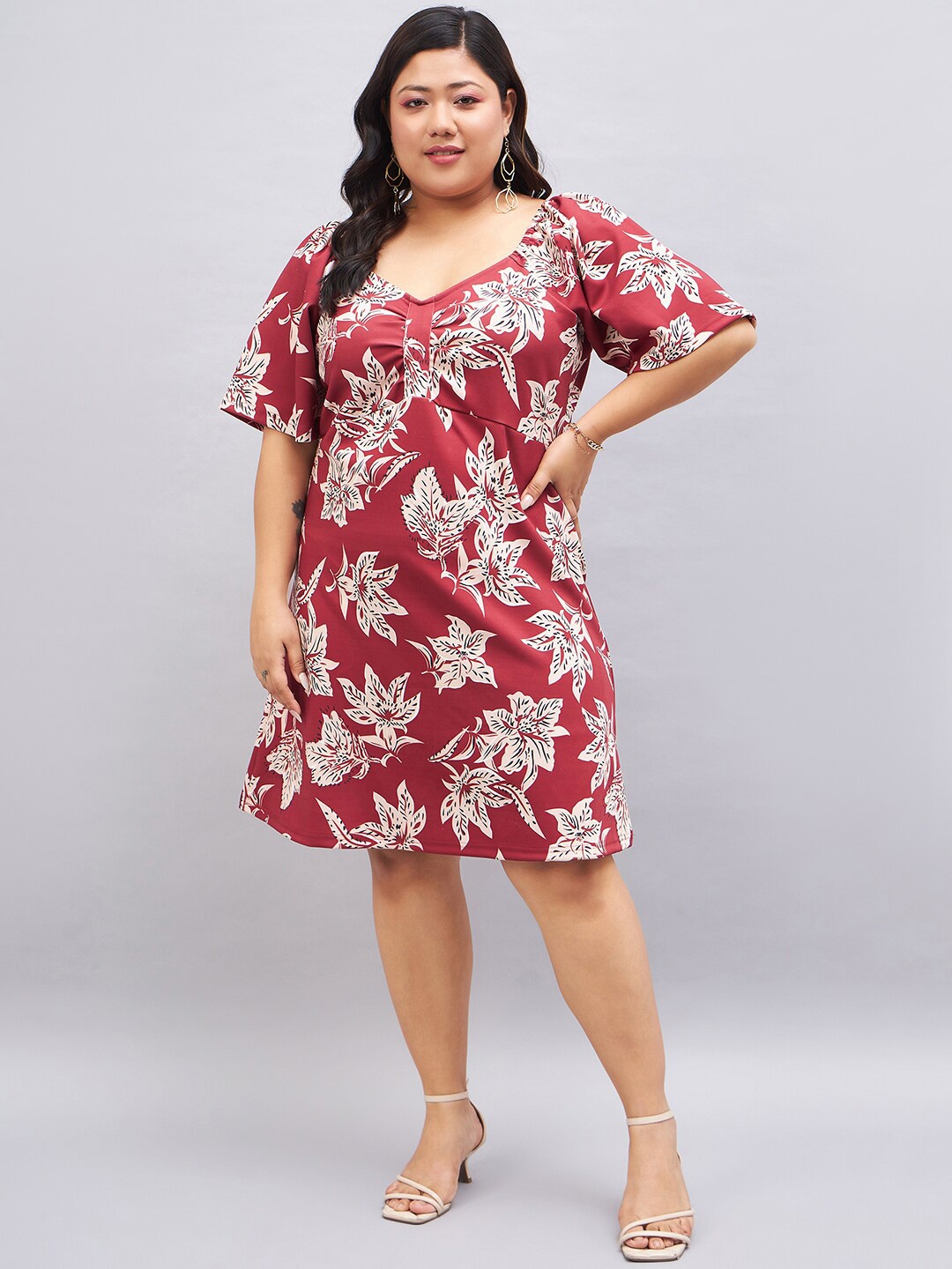 

Orchid Blues Plus Size Floral Printed Sweetheart Neck Puff Sleeve A-Line Dress, Maroon